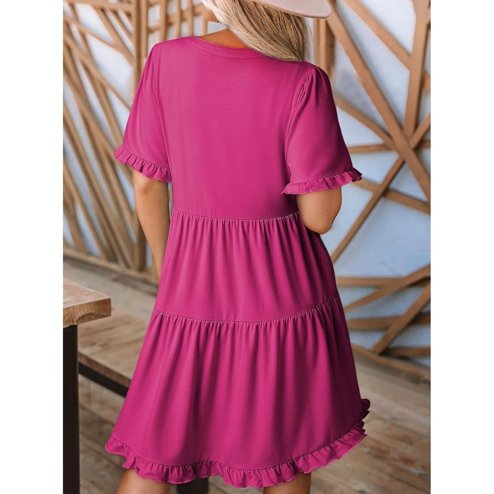 Dokotoo Womens V Neck A Line Short Sleeve Casual Ruffle Babydoll Mini Dress Sz L - Picture 2 of 6